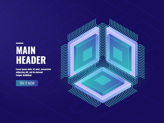 Free Vector microelectronic computer chip icon, data computing process, server room, cloud storage