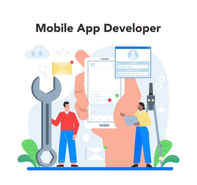 Free Vector mobile app development concept modern technology and smartphone interface design application building and programming vector flat illustration