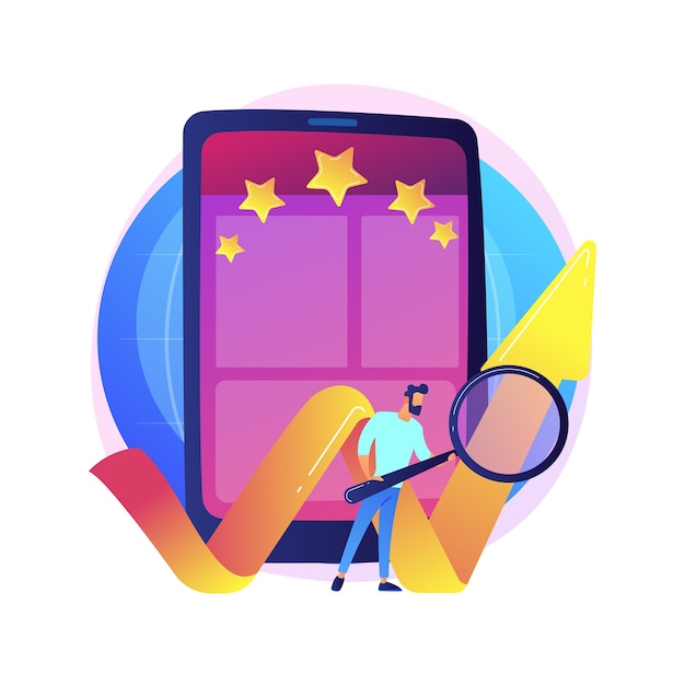Free Vector mobile app rating, online grading, efficiency mark. setting stars for application, function evaluation. smartphone users cartoon characters 