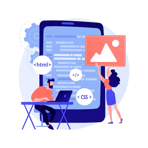 Free Vector mobile application development. programming languages. css, html, it, ui. male programmer cartoon character developing website, coding.