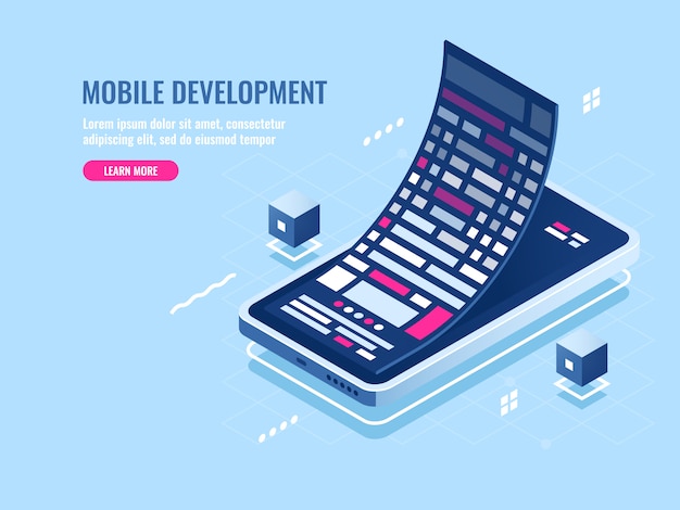 Free Vector mobile development concept, message roll, software programming for mobile phone