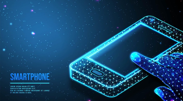 Free Vector mobile phone with a blank white empty screen in holding mans hand and fingers communication app smartphone concept abstract low poly wireframe mesh design from connecting dot and line vector