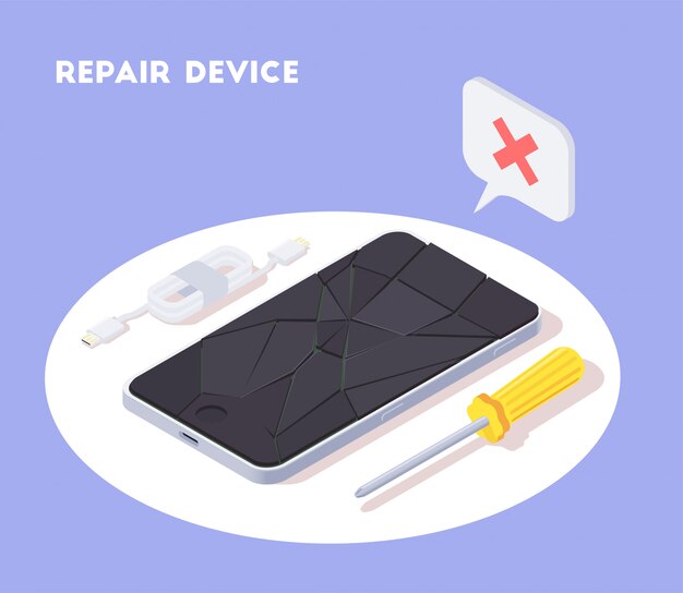 Free Vector modern devices isometric background composition with view of smartphone with broken screen and instruments with text  illustration