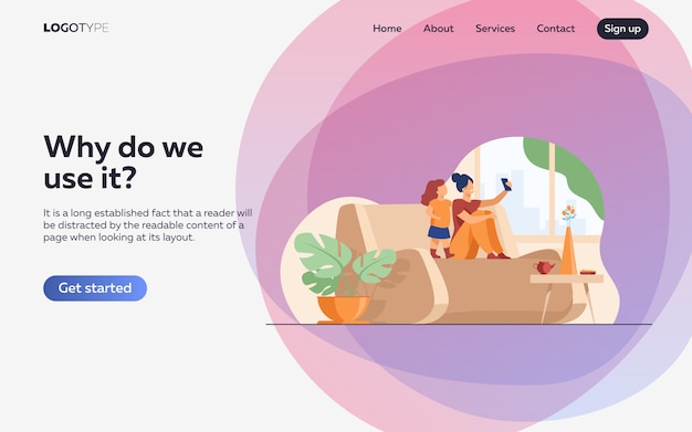 Free Vector mom and daughter using smartphone for video chat at home