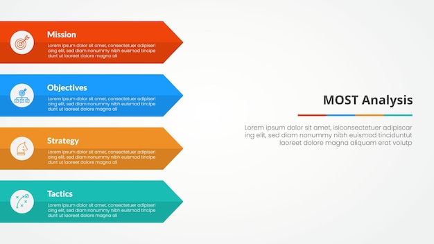 Free Vector most analysis infographic concept for slide presentation with rectangle arrow on left side with 4 point list with flat style