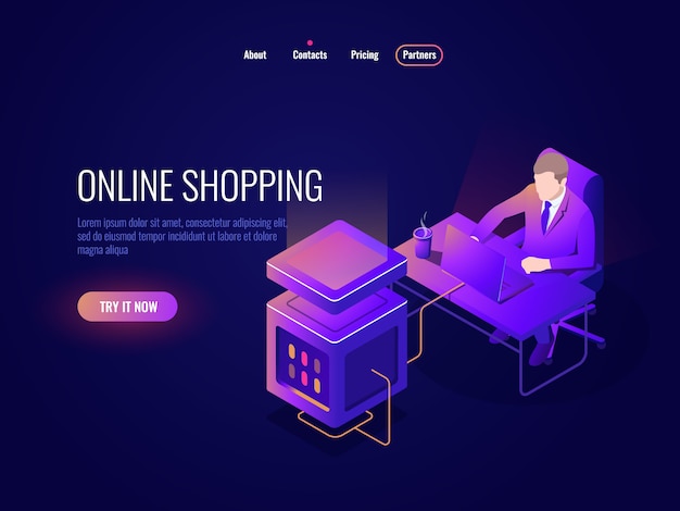 Free Vector network server, big data processing, system administrator programmer sitting at the table