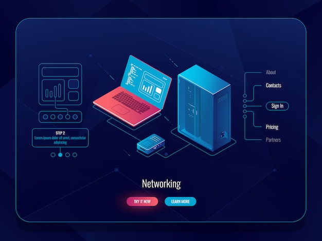 Free Vector networking scheme isometric, data exchange, transfer data from computer to server