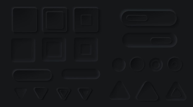 Free Vector neumorphic black buttons for ui app. vector 3d design elements for user interface, blank circle, triangle and square soft icons, web forms and sliders for dark website or application interface