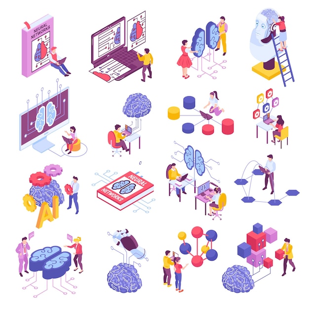Free Vector neural network programmer set with technology symbols isometric isolated vector illustration