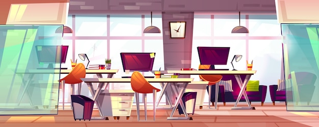 Free Vector office workspace illustration or coworking business open workplace interior. 