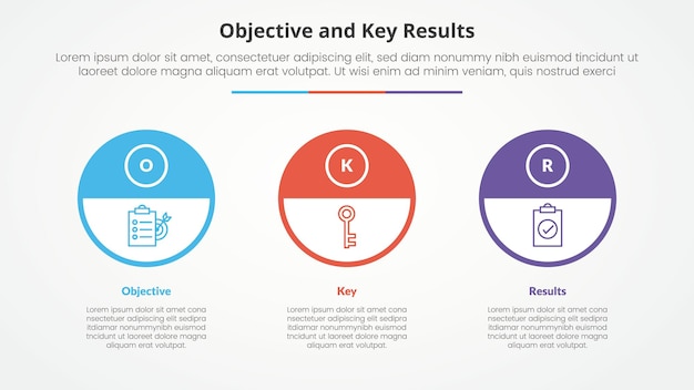 Free Vector okr objectives and key results framework infographic concept for slide presentation with big outline circle and half header with 3 point list with flat style