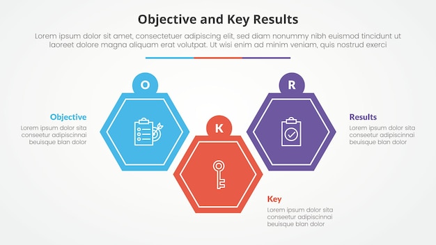 Free Vector okr objectives and key results framework infographic concept for slide presentation with hexagon shape up and down with 3 point list with flat style