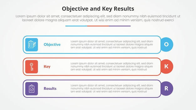 Free Vector okr objectives and key results framework infographic concept for slide presentation with outline rectangle box and circle edge with 3 point list with flat style