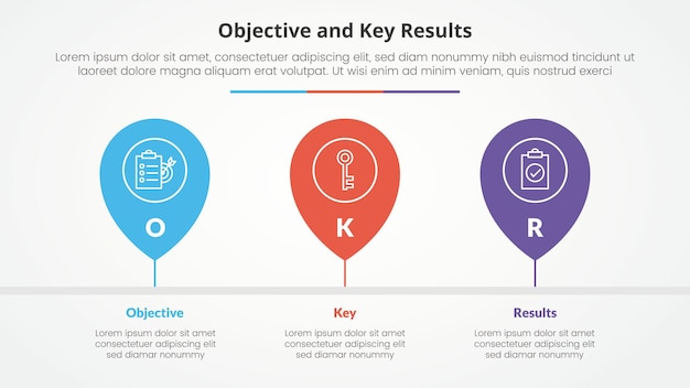 Free Vector okr objectives and key results framework infographic concept for slide presentation with pin tagging location timeline horizontal with 3 point list with flat style