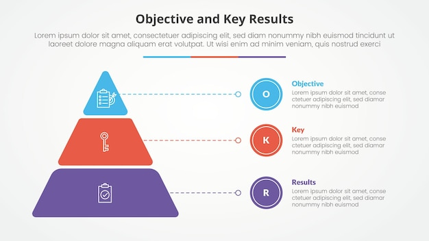 Free Vector okr objectives and key results framework infographic concept for slide presentation with round pyramid and line pointer with 3 point list with flat style