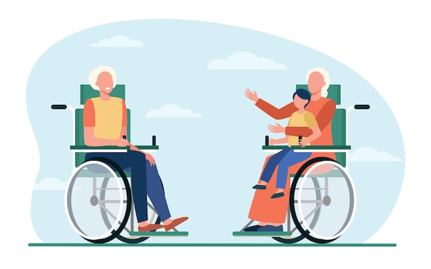 Free Vector old people in wheelchair holding kid and talking. retirement, child, grandparent flat vector illustration. generation and communication