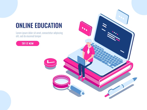 Free Vector online education isometric concept, laptop on book, internet course for learning on home