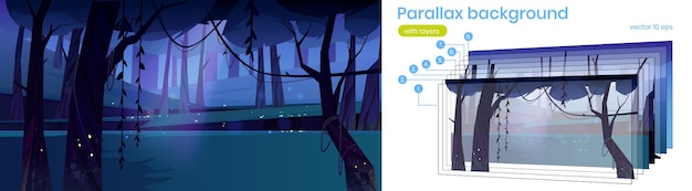 Free Vector parallax background night forest 2d landscape