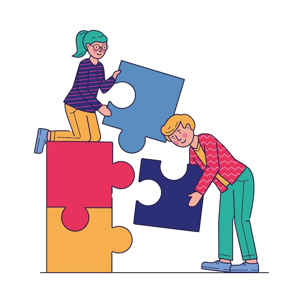 Free Vector partners doing jigsaw puzzle flat illustration