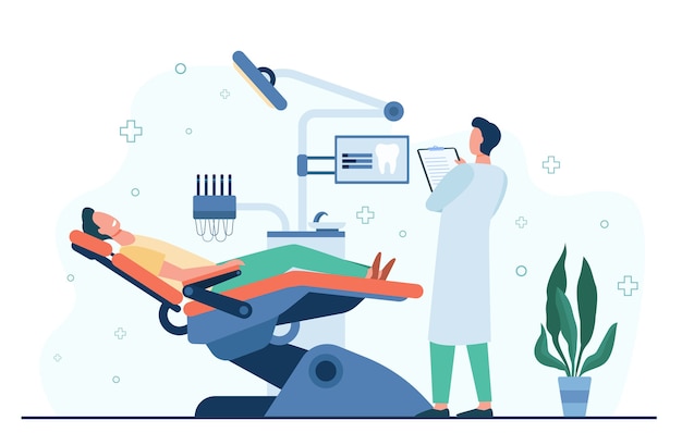 Free Vector patient sitting in medical chair during visit or treatment isolated flat vector illustration. cartoon dentist working in diagnostic cabinet. stomatology and dental clinic concept