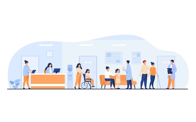 Free Vector patients and doctors meeting and waiting in clinic hall. hospital interior illustration with reception, person in wheelchair. for visiting doctor office, medical examination, consultation