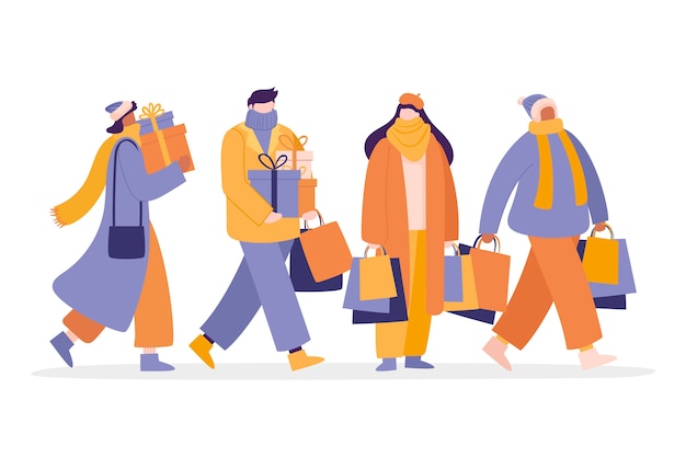 Free Vector people buying christmas gifts set