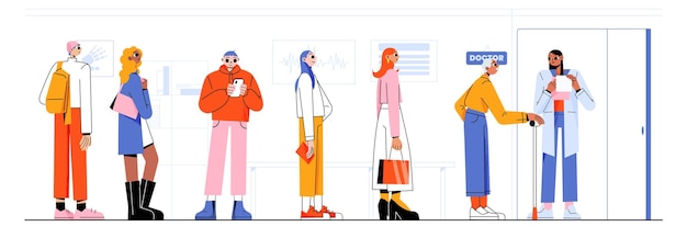 Free Vector people queue in clinic hall characters waiting