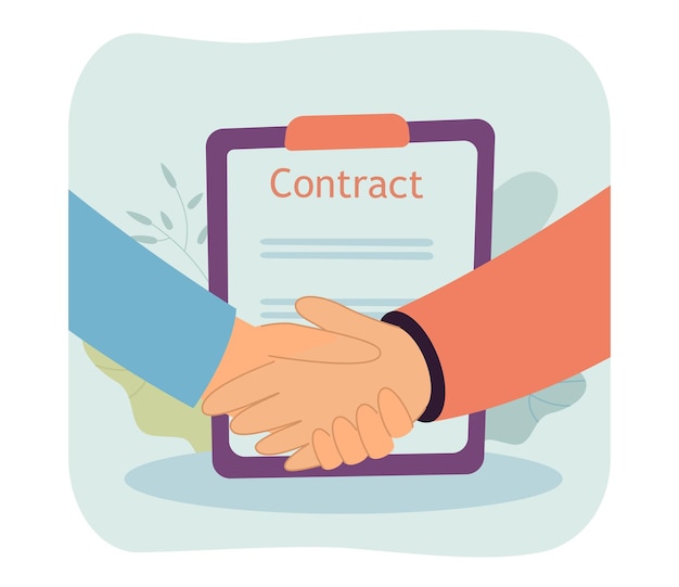 Free Vector people shaking hands after signing contract. businessmen making deal flat vector illustration. agreement, partnership, investment concept for banner, website design or landing web page