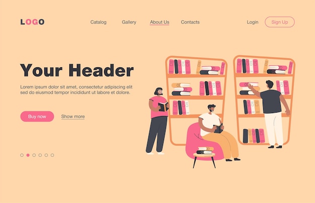 Free Vector people sitting at bookshelves and reading books in bookstore. students studying in library.  landing page for knowledge, bookworm, literature, education concept