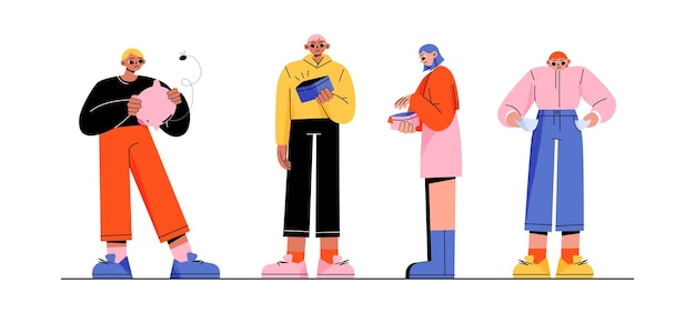Free Vector people with empty wallets pockets and piggy bank