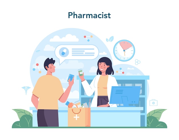 Free Vector pharmacy concept pharmacist preparing and selling drugs in bottle and box for disease treatment healthcare and medical treatment concept isolated vector illustration