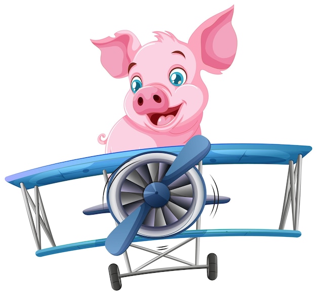 Free Vector pig pilot flying a cartoon airplane