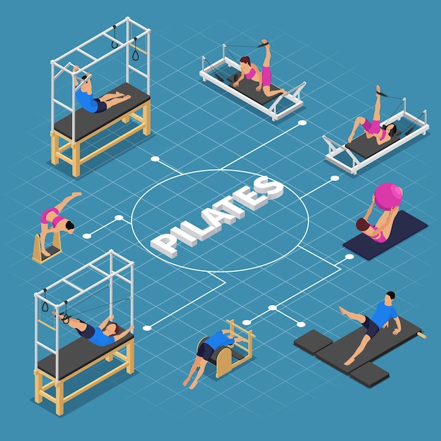 Free Vector pilates isometric flowchart composition with set of isolated human characters practicing on gym apparatus with text vector illustration