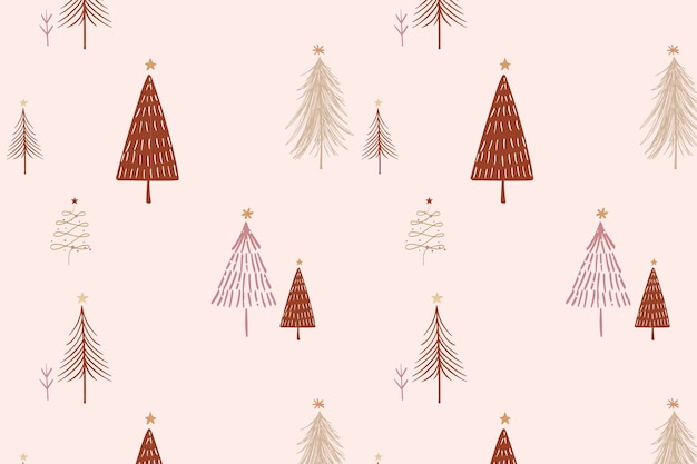 Free Vector pink christmas background, festive trees pattern in doodle design vector