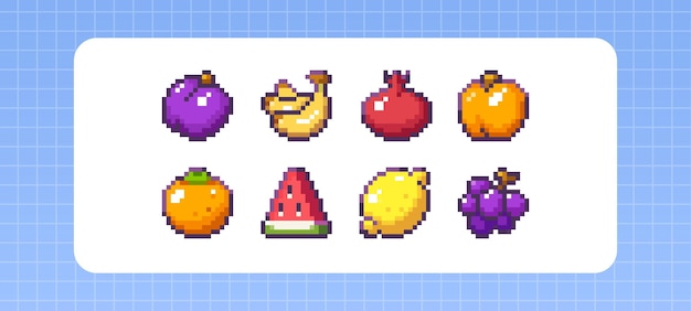 Free Vector pixel art fruit set retro 8 bit style