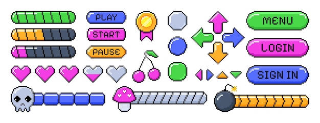 Free Vector pixel video game icons loading progress bars menu buttons and arrows in 8bit retro style