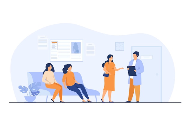 Free Vector pregnant women waiting at doctor office in clinic, sitting on couch or consulting specialist