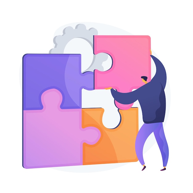 Free Vector problem solving. creative decision, difficult task, lateral thinking. man assembling puzzle cartoon character. right choice, missing item. vector isolated concept metaphor illustration