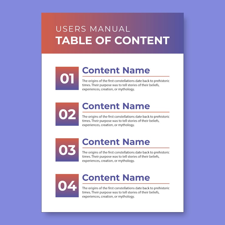 Free Vector professional gradient user's manual table of contents