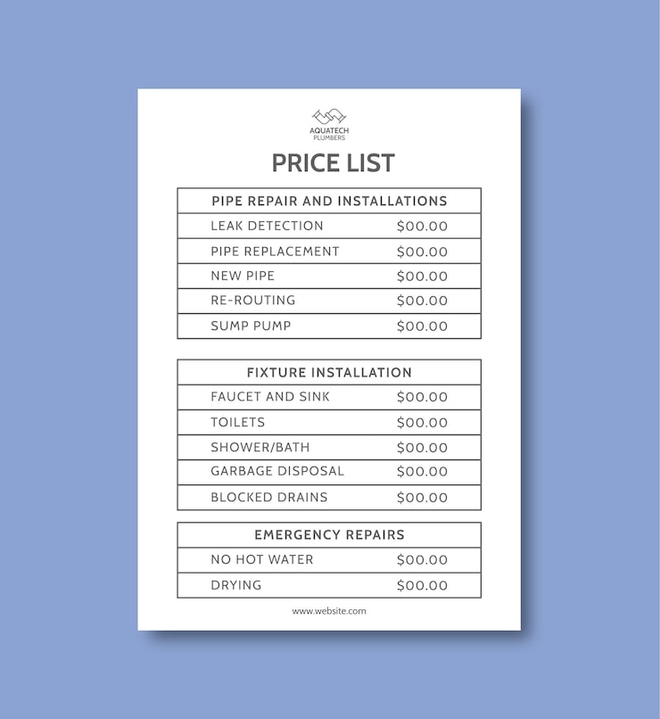 Free Vector professional minimalist aquatech plumbers price list
