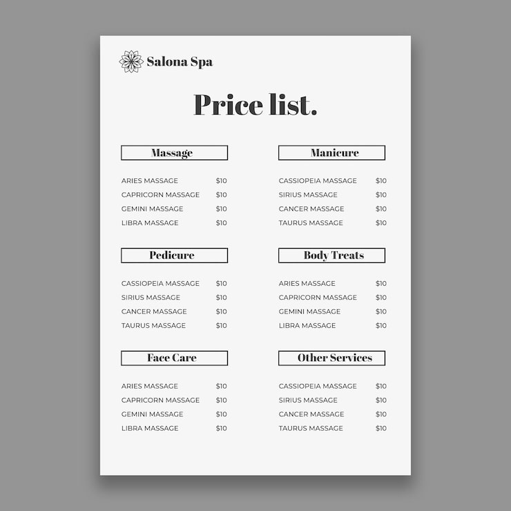 Free Vector professional spa price list