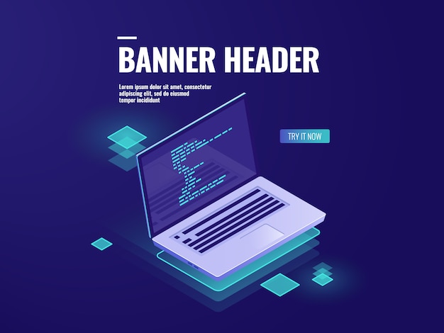 Free Vector program code on laptop screen, office work, software development and data statistic