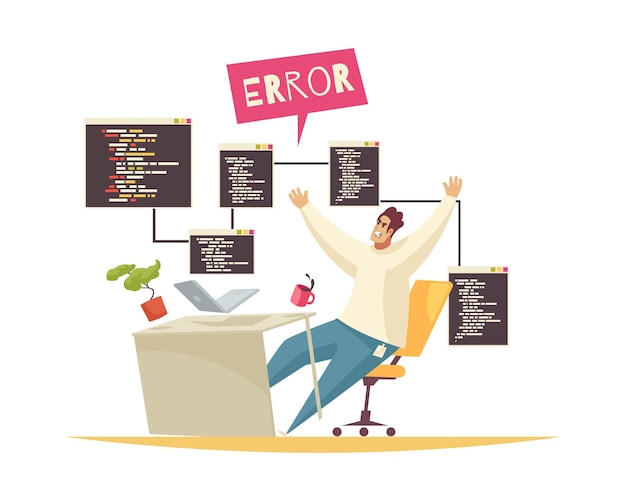Free Vector programmer composition with doodle character of distracted programmer got error in his code vector illustration
