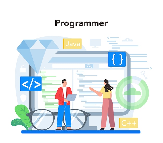 Free Vector programmer concept idea of coding testing and writing program using internet and different software website development and optimization isolated vector illustration