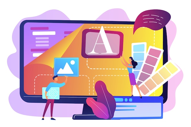 Free Vector programmers at computer using low code platform on computer, tiny people. low code development, low code platform, lcdp easy coding concept. bright vibrant violet  isolated illustration