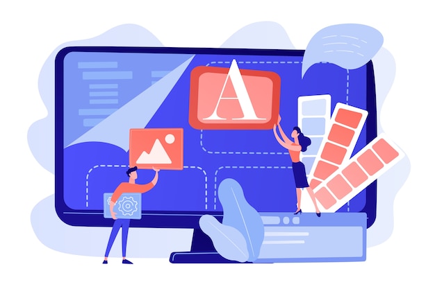 Free Vector programmers at computer using low code platform on computer, tiny people. low code development, low code platform, lcdp easy coding concept