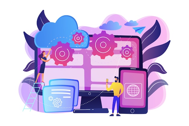 Free Vector programmers develop program for platforms. cross-platform programming, cross-platform development and structure concept on white background. bright vibrant violet  isolated illustration