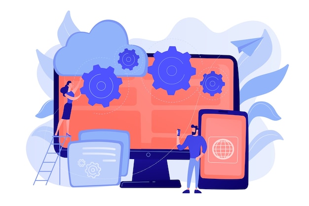 Free Vector programmers develop program for platforms. cross-platform programming, cross-platform development and structure concept