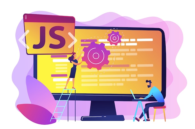 Free Vector programmers using javascript programming language on computer, tiny people. javascript language, javascript engine, js web development concept. bright vibrant violet  isolated illustration