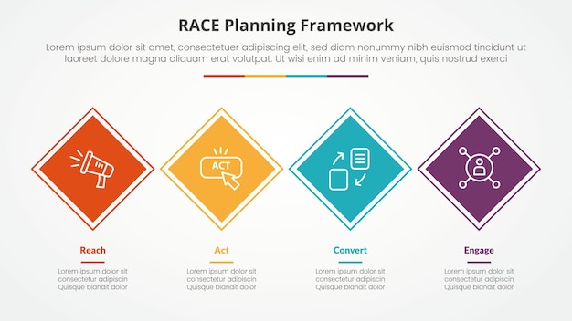 Free Vector race framework infographic concept for slide presentation with rotated square or diamond shape horizontal direction with 4 point list with flat style